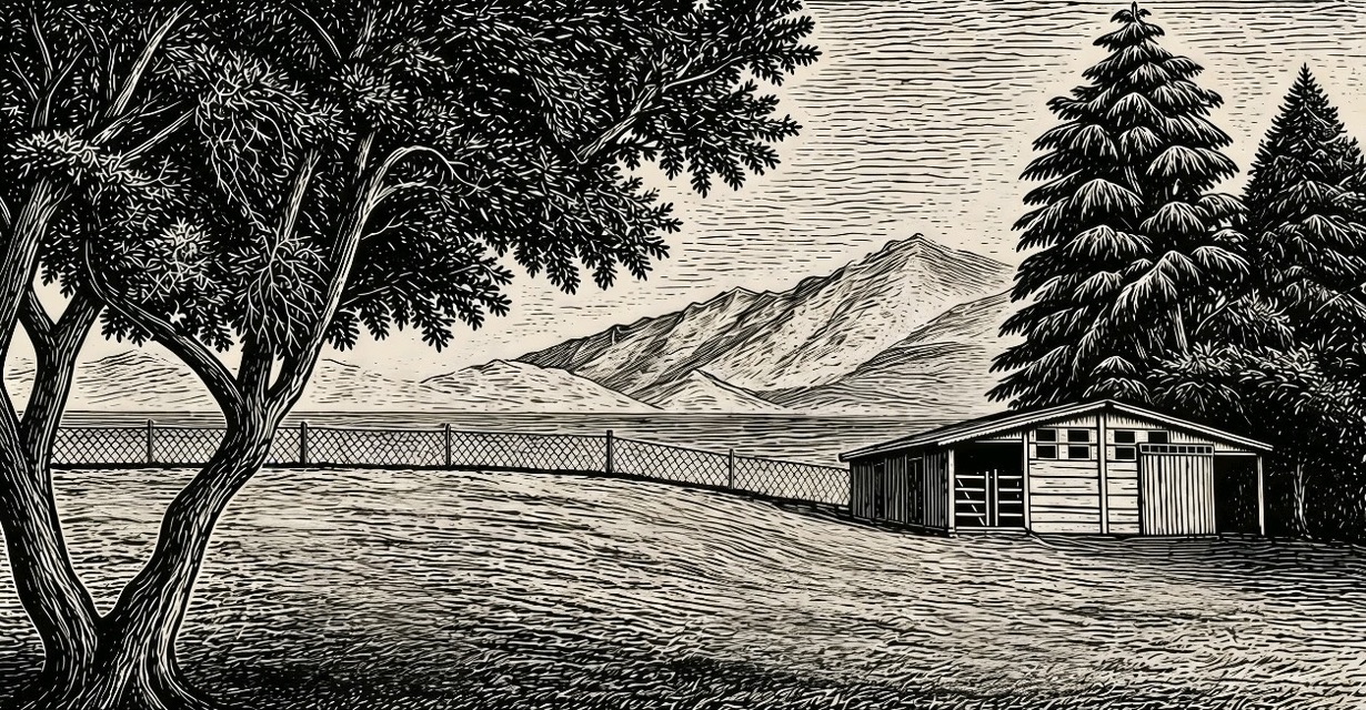 Ilustración del campo: arboleda, sierras y galpón de la producción